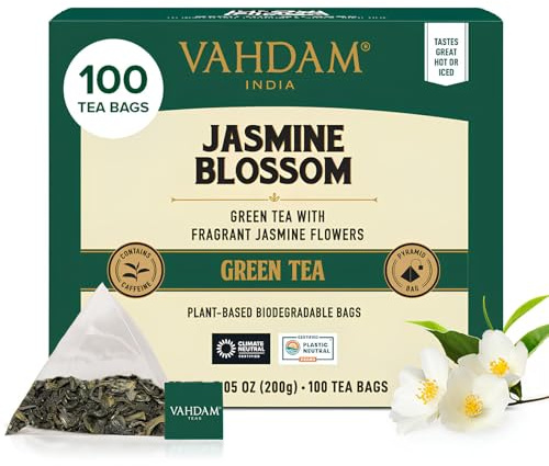 VAHDAM, Jasmine Green Tea Bags (100 Count) Med Caffeine, Non GMO & Gluten Free | High Grown Green Tea Blended w/Pure Jasmine Flowers | Resealable Ziplock Pouch
