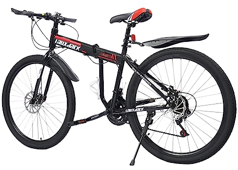 GMSLuu Vikbar cykel 26 tums mountainbike 21 växlar skyddsplåtset skivbroms full fjädring full MTB för pojkar flickor kvinnor och män (svart och röd)