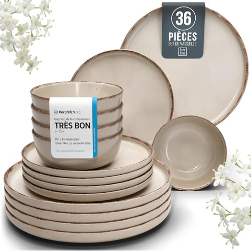 Set di Piatti in Ceramica per 12 Persone Rustic 36 Pezzi - Design Rustico e Moderno, Lavabili in Lavastoviglie - Set di Ciotole e Piatti Colorati - Pure Living beige