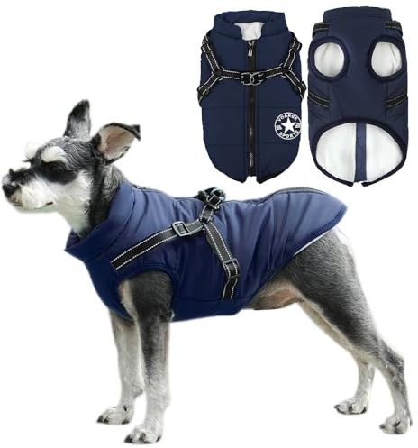 Voarge Hundejacke Winterweste Jacken, Hundemantel mit Geschirr für Kleine Hunde Hundemantel Wasserdicht Maschinen Waschbarer Reflektierender Streifen Design Haltbarer D-Ring (Blau, L)