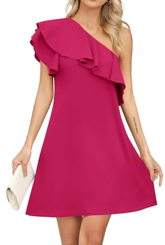 Missufe Mini robe d'été à volants pour femme - Robe décontractée asymétrique avec épaules dénudées, Rose, XL