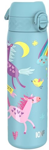 Ion8 Lightweight Steel Water Bottle, 600 ml/20 oz, Non-Insulated, Leak Proof, Easy to Open, Secure Lock, Dishwasher Safe, Flip Cover, Fits Cup Holders, Carry Handle, Metal Water Bottle, Blue Unicorns