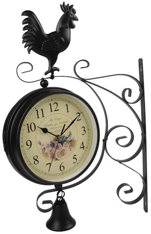 Zeroupshop Orologi da giardino impermeabili per esterni, orologio da parete su entrambi i lati, in ferro nero, orologio da parete vintage, movimento al quarzo silenzioso con grandi numeri, decorazione