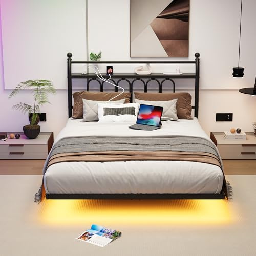 JELUTE King Floating Bed Frame 150 x 200 cm, Platform Bed with LED Lights and Charging Station, Supports up to 500 kg, No Box Spring Needed, Noise Free, Black