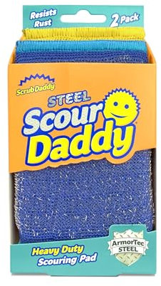 Scrub Daddy Scour Daddy Acero, Esponja para estropajos, Estropajos de Malla de Acero para Parrillas de Metal y Hierro Fundido, Esponjas Resistentes para Lavar Platos, Paquete de 2