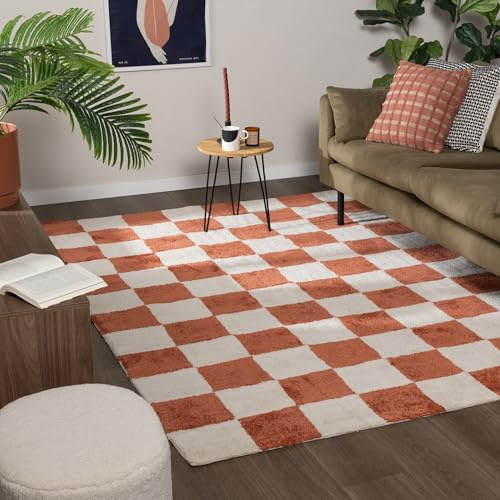 FRAAI | Home & Living Teppich Kariert - Blox Terracotta Weiß - Baumwolle, Polyester - Hochflor - Blöcke, Kariert - Waschbar in Waschmaschine - Modern - Wohnzimmer, Schlafzimmer, Büro