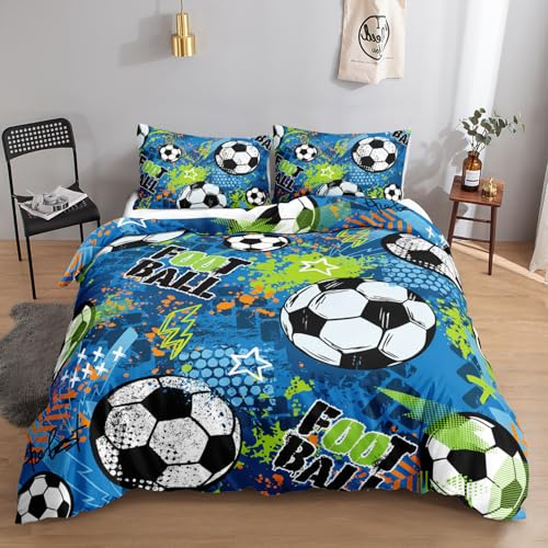 HOSIMA Fußball-Bettwäsche,135 x 200 cm,Blau Football,Bettwäsche-Set,1 Bettbezug,1 Kissenbezug,mit Reißverschluss,geeignet für Kinder,Jugendliche und Erwachsene