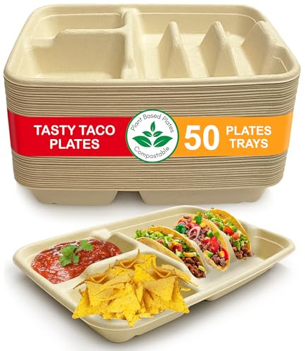 3-Tacos & 2-Sides Taco Plates, Disposable Paper Plates with Dividers – 50 PACK | Taco Tray for Party, Fiesta Taco Holder, Taco Stand for Taco Tuesday & Taco Bar, Microwave-Safe Taco Plates (50 Plates)