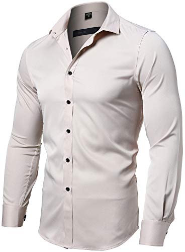 INFLATION Herren Hemd Aus Bambusfaser umweltfreudlich Elastisch Slim Fit für Freizeit Business Hochzeit Reine Farbe Hemd Langarm Herren-Hemd, Gr.S, Beige