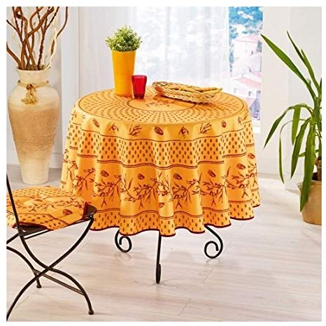 Villages de Provence Runde schmutzabweisende Tischdecke - Faltenbeständig und 100% Polyester - Gelb Rot - Ø 180 cm - Cigale Olive - 6/8 Besteck - Innen oder Außen - Esstisch, Küche oder Garten
