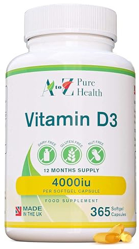Vitamin D3 4000iu 1 Year Supply | Premium High Strength Supplement | 365 Easy to Swallow Softgel Capsule | One a Day, Year Supply | Supports Healthy Bones, Teeth, Muscle and Immune System | UK Made