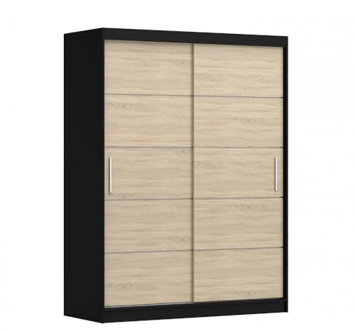 MOEBLO Kleiderschrank Schwebetürenschrank 2-türig Schrank mit vielen Einlegeböden und Kleiderstange Gaderobe Schiebtüren BxHxT 150x200x61 - Lara 6 (Schwarz + Sonoma)
