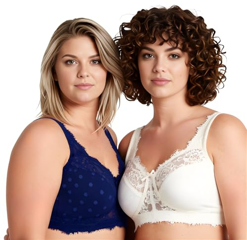 Curve Muse Femmes Grande Taille Minimiseur Dentelle Couvrance Totale Non-doublé Soutien-Gorge sans Fil-Paquet de 2-Marine,Blanc-90E/EU 75E