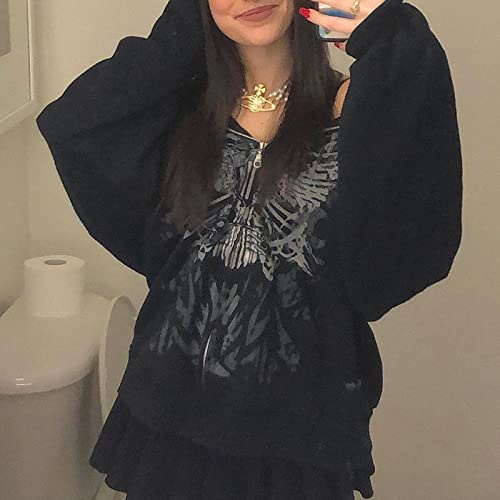 Y2K Gothic Butterfly Print Oversize Zip Up Hoodies 2021 Vinter Ny Grunge Långärmad Sweatshirt Casual Huvjacka Streetwear