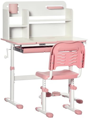 HOMCOM Juego de Escritorio y Silla para Ninos de +3 Anos con Altura Ajustable, con Tablero de Mesa Inclinable Cajon y Estanteria para Libros 80x52x88-109 cm y 35,5x44,5x66-80 cm Rosa