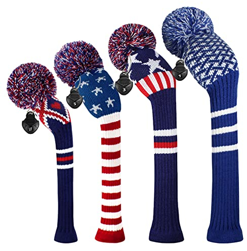Scott Edward Gestrickte Golfschlägerhauben, 4 Stück, handgefertigt, gut für Fahrer und Fairway-Hölzer mit langem Hals, Pompom-Pom-Golfschläger-Set, bunt, mehrere Farben