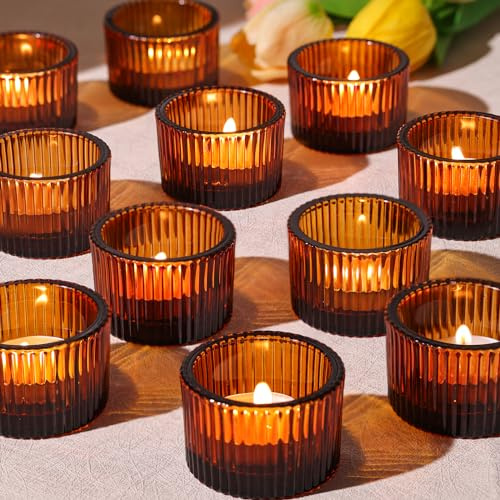 HAVITI 24 Pack Amber Tealight Candle Holders, Glass Votive Candle Holders Fall Decorations for Home Table Fall Wedding Centerpieces, Party Supplies and Vintage Decor