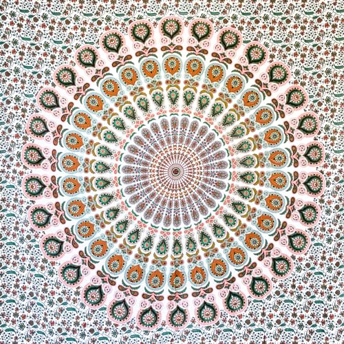 MOMOMUS Tapiz Mandala Multiuso - Arte Mural - Tapiz de Pared Grande, Tapiz Decorativo de Pared y Manta de Yoga para Meditación - Blanco-Salmón, 135 x 210 cm