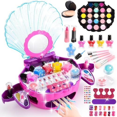 Kids Makeup Set for Girls 5-11, Nail Polish Set for 6-9 Year Olds, Pretend Makeup Birthday Gift, Princess Toys, Mermaid Theme