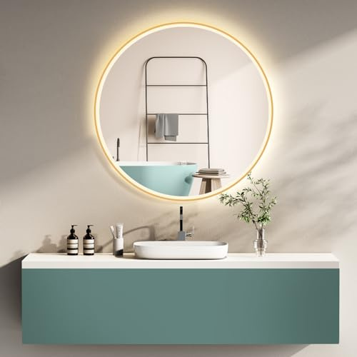 HOKO Design Badspiegel rund 60 cm Riga mit Metall Rahmen Gold. Runder Wandspiegel Energiesparend LED beleuchtet, Touch Schalter,Lichtfarbe Wechsel-Warmweiß-Kaltweiß-Neutral