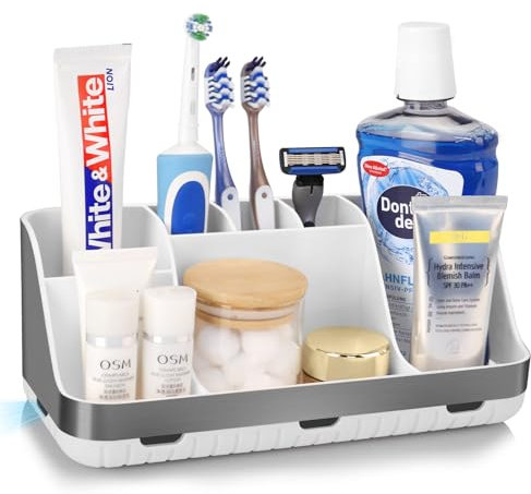 PARKMANI Portaspazzolino per bagno, organizer per spazzolino elettrico e dentifricio, 7 scomparti, organizer per il piano di lavoro del bagno, accessori da bagno per famiglia, bambini (argento