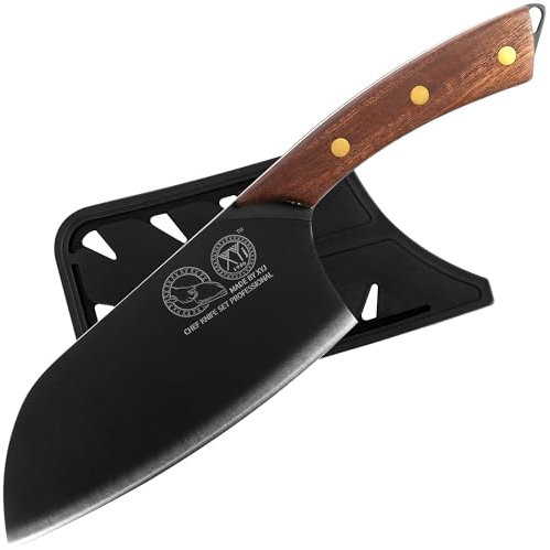 XYJ Coltello da carne, coltello da chef serbo da 7 pollici, coltello da cucina, acciaio inossidabile, carne taglierina per tagliare carne, manico in legno, coltello vegetale cinese con fodera