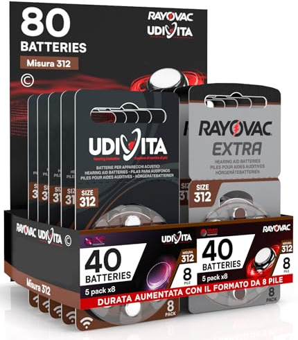 80 Batterie per apparecchi acustici Dimensioni 312 PR41 (Marrone) 10 Blister da 8 Batterie Tecnologia Sound Fusion - 80 Batterie: 40 Rayovac + 40 Udivita
