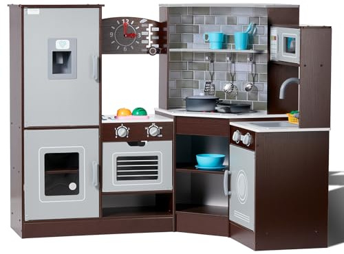 VEVOR Interactive Wooden Toy Play Kitchen Playset for Kids with Lights and Sounds, Corner Design with Ice Maker, Oven, Sink, Clock, Microwaves, Refrigerator and Accessories, for Girls & Boys, Brown