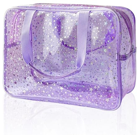 TotePrint Clear Star Print Cosmetic Bag, PVC Waterproof Travel Makeup Pouch,Large Clear Travel Toiletry Bag,30 x 13 x 21.6 cm(Purple)