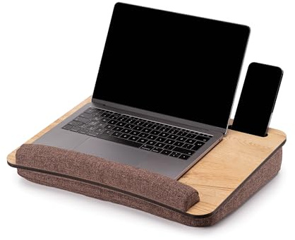Vigo Wood Bandeja de Regazo para Portátil 16'' con Cojín y Soporte para Ratón y Teléfono, Escritorio Portátil de Madera para Sofá y Cama (Roble Y Marrón)