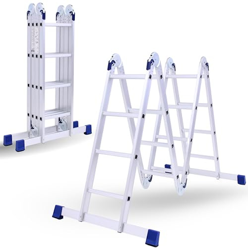 Multi-Purpose 6 IN 1 Aluminium Combination Ladder - Heavy Duty 15.4ft (4.7m) Tall Step Ladder with Locking Hinges, 4 x 4 Steps, Anti-Slip Feet, Lightweight & Portable – Max Load 330.6 lbs (150 kg)