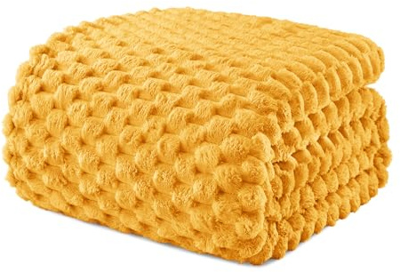 Exclusivo Mezcla Plaid Couverture Polaire 220 x 240 cm, Plaid Jeté de Canapé, Couverture pour Le lit léger Douillet et Moelleux pour Toute la Saison, Jaune Moutarde