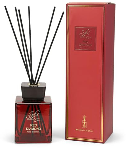 Luxury Reed Diffuser 500ml, Red Diamond Room Diffusers, Long Lasting Air Fresheners Home Fragrance, Square Glass Bottle with Black Diffuser Reeds for Home, Office, Kitchen & Bathroom
