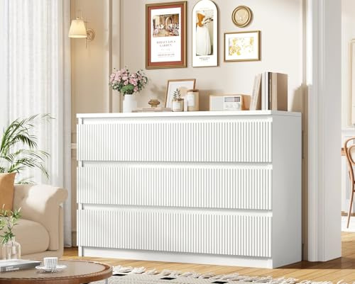 Jocoevol 6 Drawer Dresser, Fluted Dresser for Bedroom with Sleek Hidden Handles, Bedroom Dressers with Drawers, Wood Closet Clothes Storage Organizer for Bedroom, Pure White