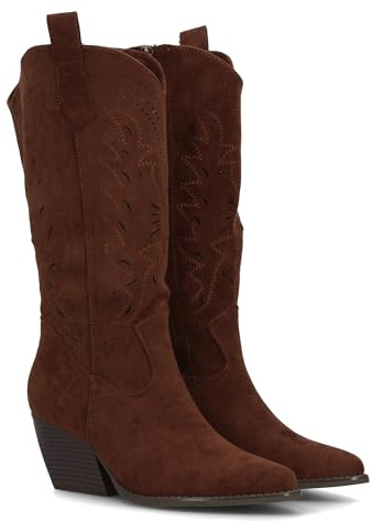 Bota Alta de Mujer Estilo Cowboy con Diseno Troquelado Decorativo, Punta Fina y Tacon campero Diseno Western, Entretiempo Ideal para Uso Diario Primavera Verano