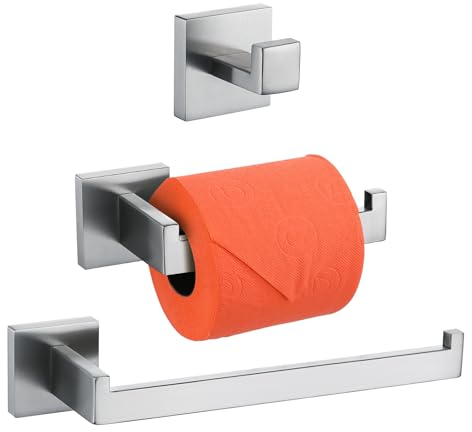 Turs 3-Piece Bathroom Accessory Set SUS 304 Stainless Steel RUSTPROOF Toilet Paper Holder Towel Bar/Holder Robe Hook Wall Mount, Brushed Finish, A7010BR