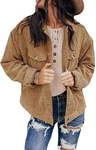 Veste pour Femme Blouson en Velours Côtelé Chemise Vintage Veste en Velours Côtelé Haut Décontracté Manches Longues Outwear Manteau Casual Printemps Automne Cardigan Chic Kaki XL