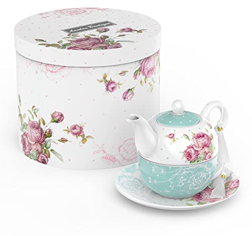 London Boutique Juego de té para una tetera y platillos para taza de té, juego de té de la tarde para 1 nuevo hueso de porcelana vintage, regalo de flora para mujer, 350 m (turquesa)