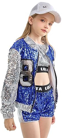 LOLANTA 4 Piezas de niñas Hip Hop Dance Costume Kids Lentejuelas Jazz Dance Clothes Set Calcetines adjuntos, 4-15 años