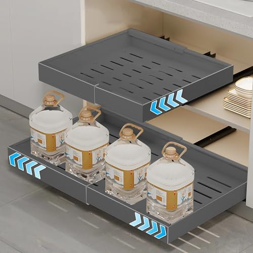 Pull Out Kitchen Storage 1Pcs, Slide Out Drawer for Cupboard, Expandable Pull Out Cabinet Organiser, Storage Shelf with Adhesive Film and Nails (32-52CM W* 42CM D * 6CM H) (Gray)