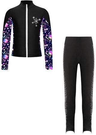 FEESHOW Kinder Mädchen Eiskunstlauf Anzug Glitzer Strass Bedruckte Jacke Eiskunstlauf Hose Set Wettkampf Workout Sport Outfit Skating Suit Schwarz 170