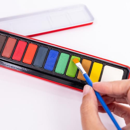 evelay Artist Watercolour Paint Set of 12 Colour Blocks Pans & Paintbrush In Metal Tin