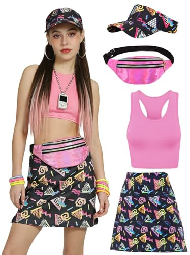 kasahara Costume da donna anni '80 e '90, tuta da allenamento sportiva, gonna, crop top, cintura, visiere parasole cappello, rosa, XL