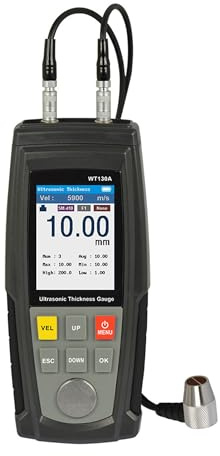WT130A Thickness Gauge Meter, 1,2-300mm Messung, Präzision 2.5P φ 10 Ultraschall-Dickenmessgerät Probe für Metall Keramik Glas Kunststoff, 1500 Gruppen Datenspeicherung, USB-Ladung, No Coupling Agent