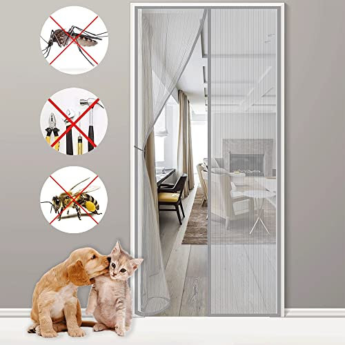 Cortina mosquitera magnética para puerta, 200 x 205 cm, malla retráctil, color gris, mantiene a los mosquitos fuera, antiinsectos, se adapta a la mayoría de puertas
