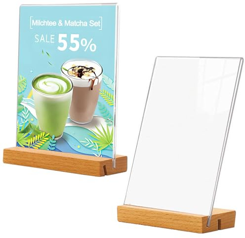 Support Acrylique A5, 2 Pièces Porte Affiche A5, Présentoirs de Table A5, Présentoirs de Table Forme de T, Support D'affiche à Double Fente pour Carte, avec Base en Bois, Porte Affiche Double Face