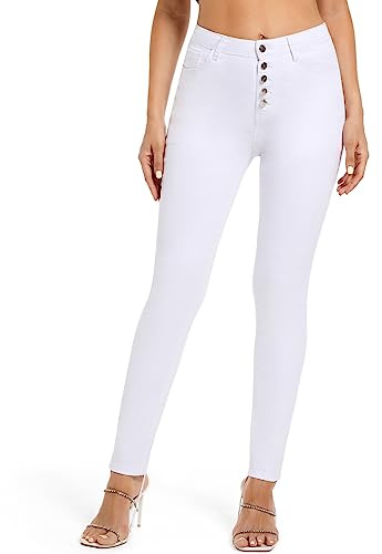 MIRLCIMR Womens High Waist Stretch Pants 5 Button Push Up Butt Lifting Skinny Colombian Jeans,White,12