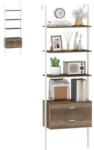 HOMASIS Scaffale a Scala con 4 Ripiani e 2 Cassetti, Libreria da Parete con Dispositivo Anti-Ribaltamento, Scaffale Aperto per Soggiorno, 60 x 30 x 184 cm (Grigio)