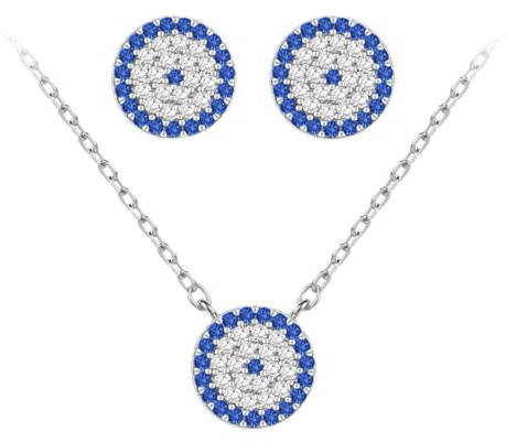 Evensee Nazar Boncuk Mal Ojo Set de Pendientes y Collar 925 Plata Esterlina Ojo Azul, Evil Eye Amuleto Turco Joya Regalo para Mujer