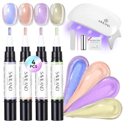 SAVILAND One-Step Gel Nagellackstift Set 4 Farben: 3 In 1 Cat Eye Gellackstift Maniküre Set mit U V Lampe Schnellhärtung für polarisierte Cat Eye Gel Nagellack Stift Set für Mädchen und Frauen